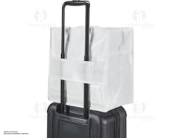 SACOLA 350 x 350 mm em um fundo branco, feita de plástico resistente. A sacola está fechada com um cadeado de segurança e