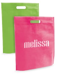 Sacola de compras de plástico reciclável 355 x 390 mm em promoção. Ideal para transporte de mercadorias, com alça resistente e vazia. Adquira já a sua!