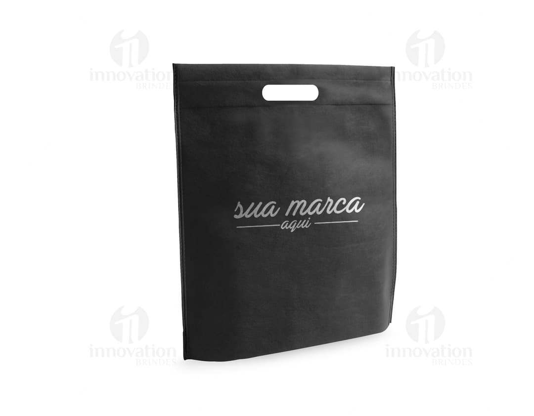 Sacola de compras de plástico reciclável 355 x 390 mm em promoção. Ideal para transporte de mercadorias, com alça resistente e vazia. Adquira já a sua!