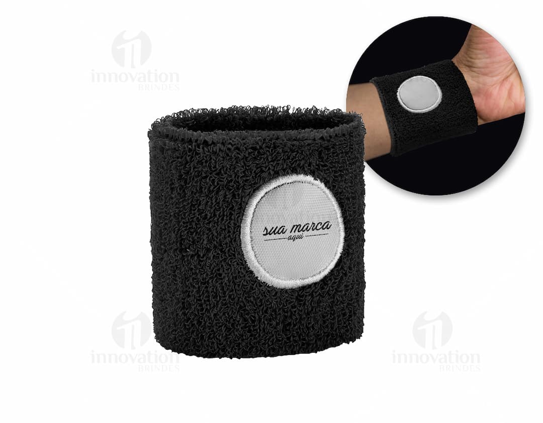 Punho elástico poliéster personalização em preto, moderno e digital, ideal para equipamentos de áudio, música e entretenimento.