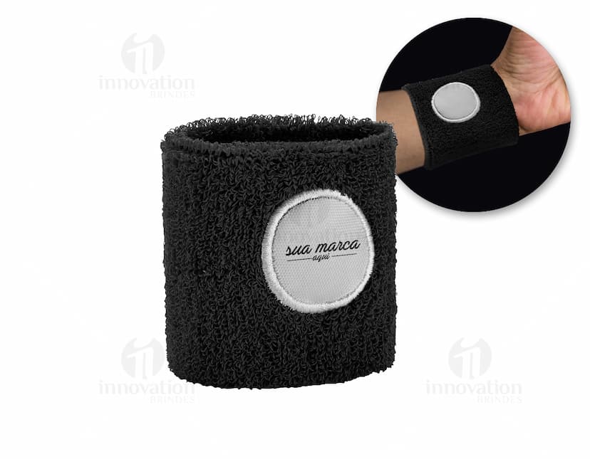 Punho elástico poliéster personalização em preto, moderno e digital, ideal para equipamentos de áudio, música e entretenimento.