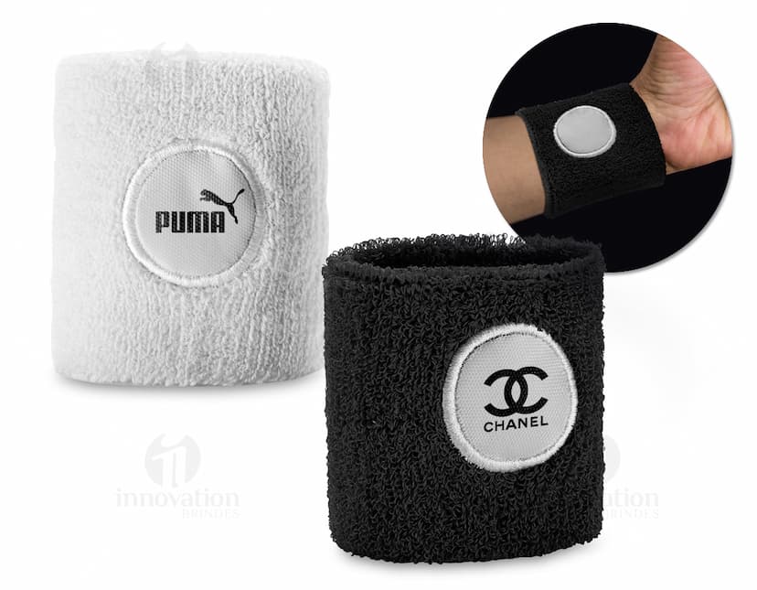 Punho elástico poliéster personalização em preto, moderno e digital, ideal para equipamentos de áudio, música e entretenimento.