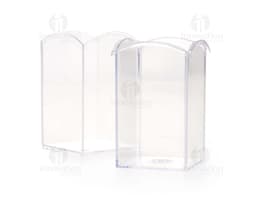 Porta Canetas feito de acrílico transparente com capacidade para até 10 canetas, visto de cima em uma mesa de escritório.