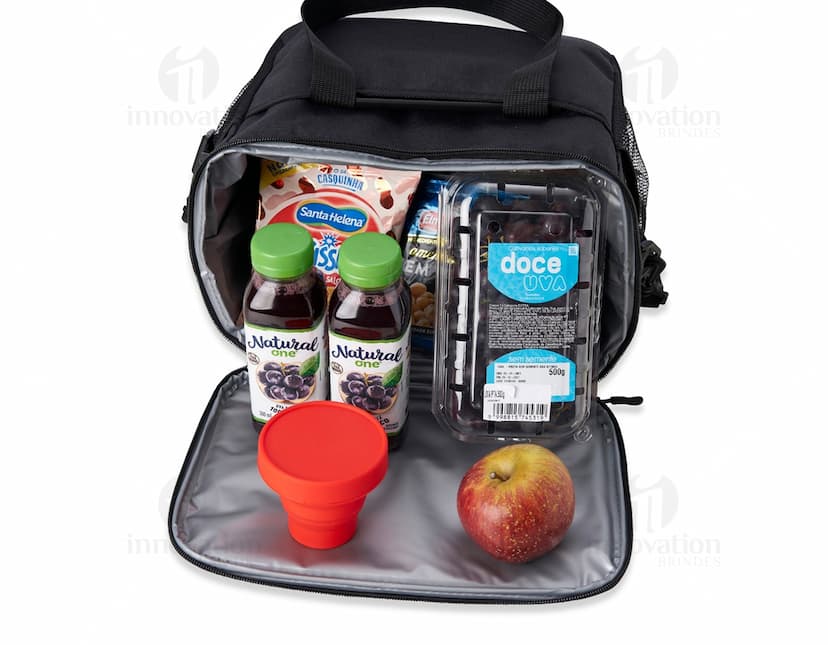 Bolsa Térmica 14 litros - Moderna e Segura para suas Viagens. Feita em couro preto, com alça de metal e fecho de segurança, ideal para manter seus alimentos frescos. Elegância e praticidade em um só produto. Garanta a sua!