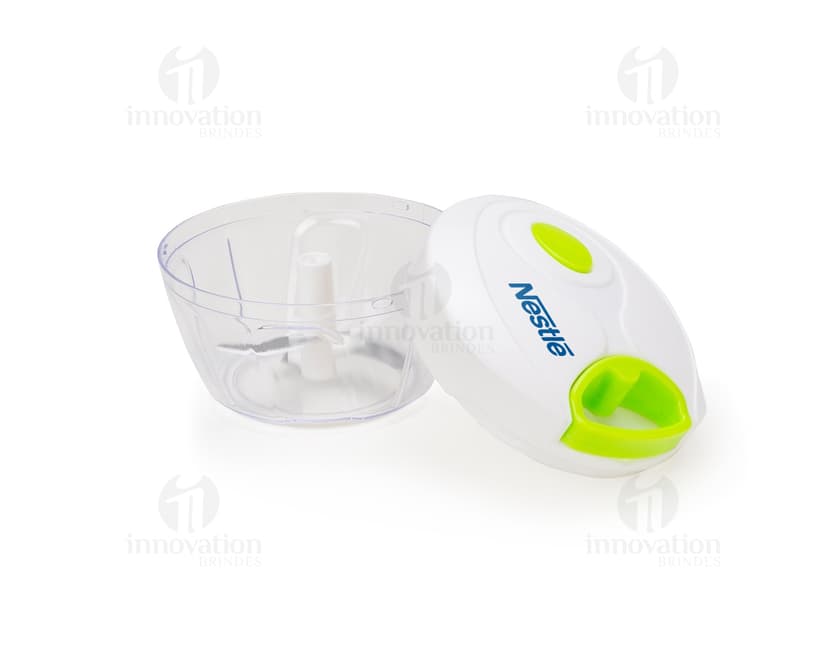 Container colorido vazio com design vibrante, utilizado para armazenar alimentos e ingredientes para preparo de refeições.
