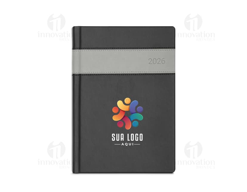 Agenda A5 sintético marcador fita em papel em branco com símbolos de negócios e notas sobre um escritório vazio. Icones de informação, texto e design em um notebook. A capa tem um botão amarelo e a bandeira nacional em destaque. Um objeto moderno de educação e organização.