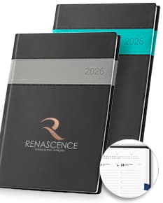 Agenda B5 2026 com capa de couro preta e páginas em papel de alta qualidade, apresentando um design elegante e funcional para anotações e organização do dia a dia.