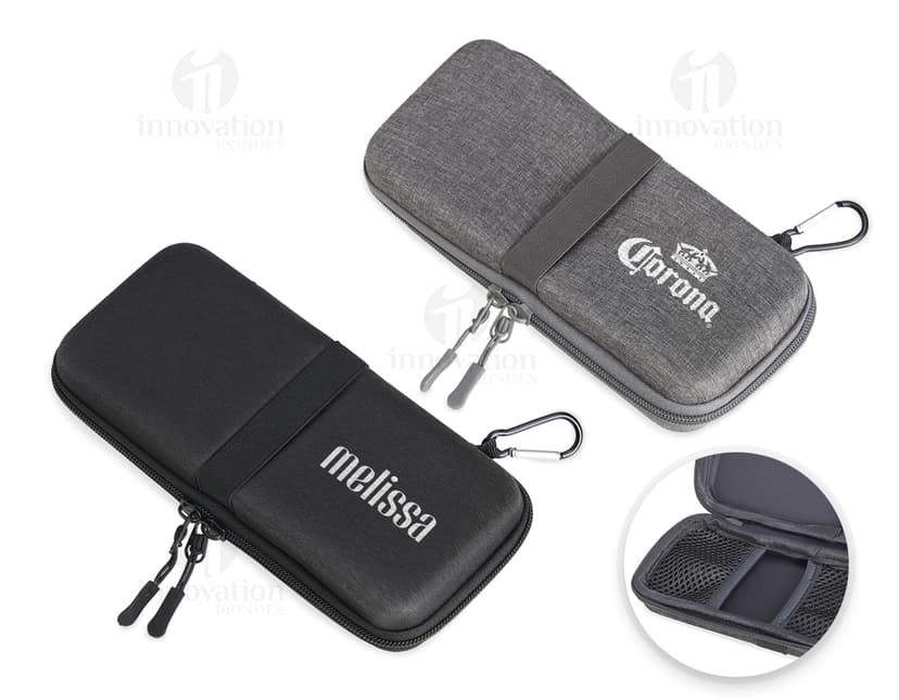 Estojo de metal preto para armazenamento de acessórios eletrônicos e dispositivos. Mantenha tudo organizado e seguro com este prático estojo. Ideal para qualquer negócio ou uso pessoal. Garanta o seu!