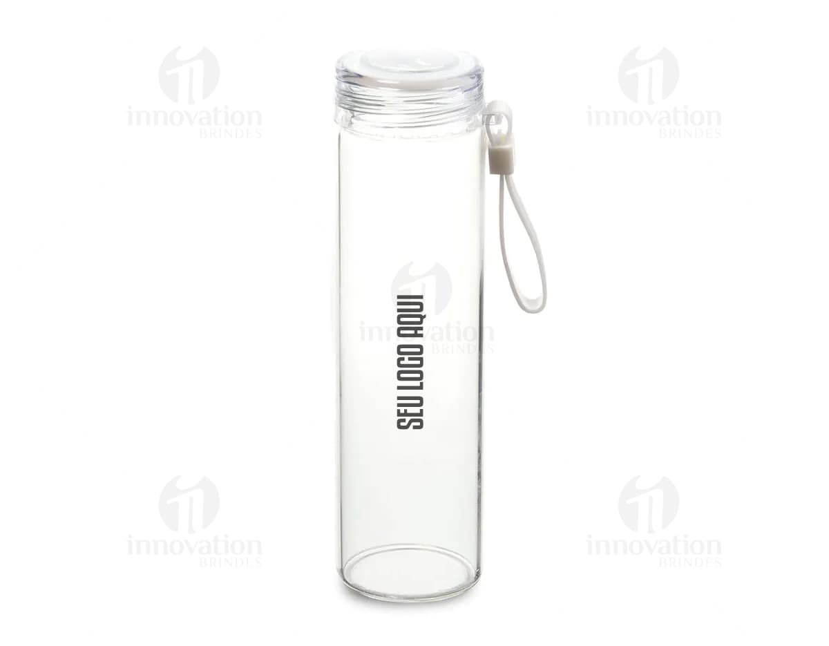 squeeze de vidro transparente de 500ml, design moderno e clean, contendo líquido dentro, com tampa prateada.