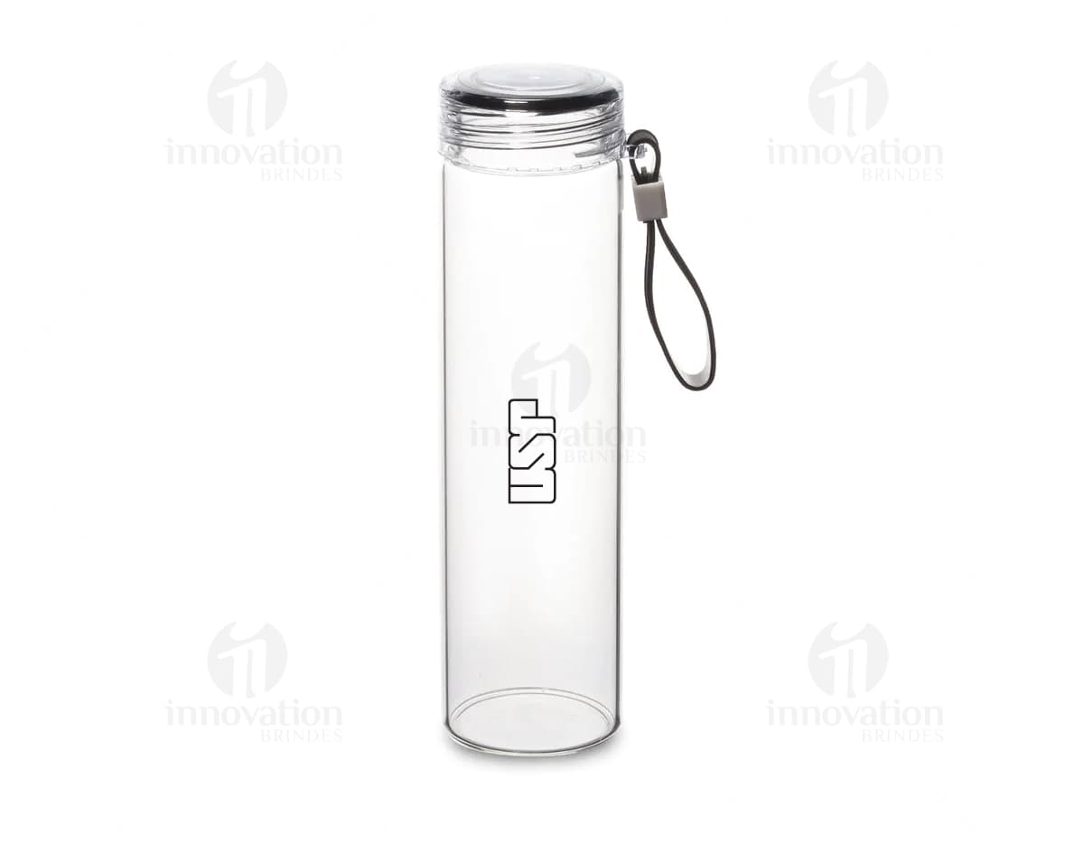 squeeze de vidro transparente de 500ml, design moderno e clean, contendo líquido dentro, com tampa prateada.