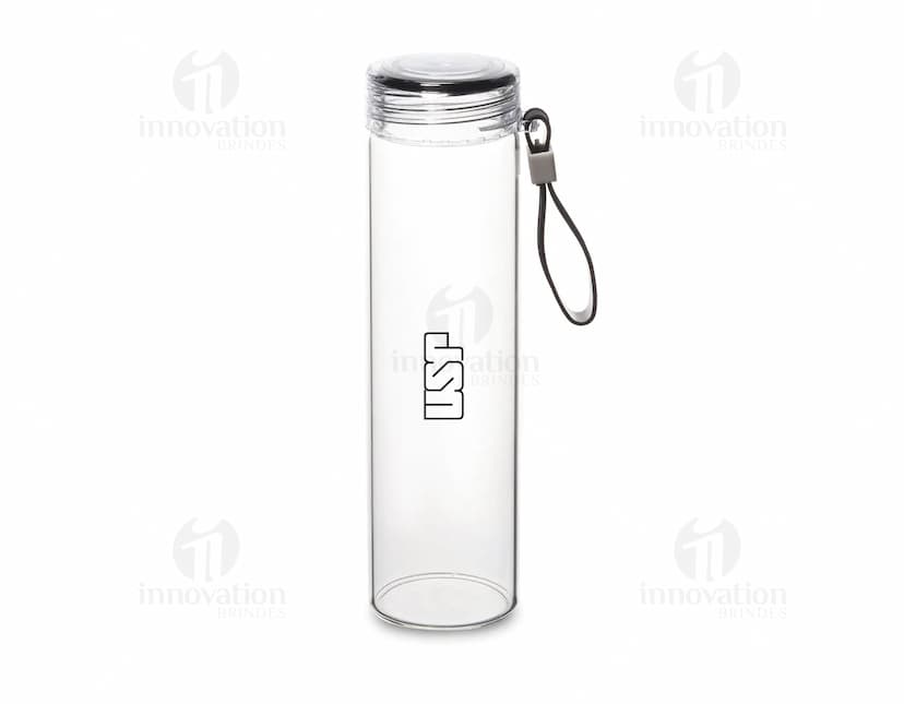 squeeze de vidro transparente de 500ml, design moderno e clean, contendo líquido dentro, com tampa prateada.