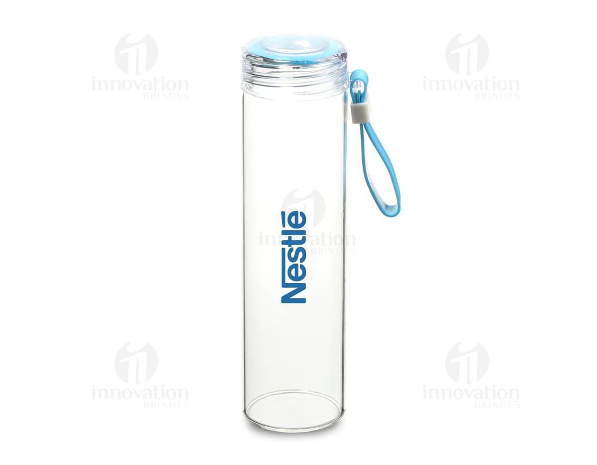 squeeze de vidro transparente de 500ml, design moderno e clean, contendo líquido dentro, com tampa prateada.