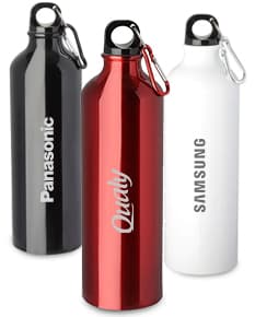 Produto Squeeze Metal 750ml em metal prateado, objeto transparente, limpo e vazio, utilizado para armazenar líquidos como água, bebidas saudáveis e refrescantes.