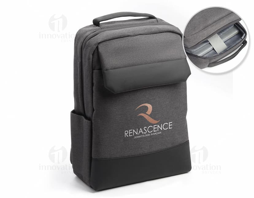 Mochila preta de poliéster para notebook de 15 polegadas, com alças de couro, fecho com zíper, bolsos e espaço para armazenar equipamentos de negócios.