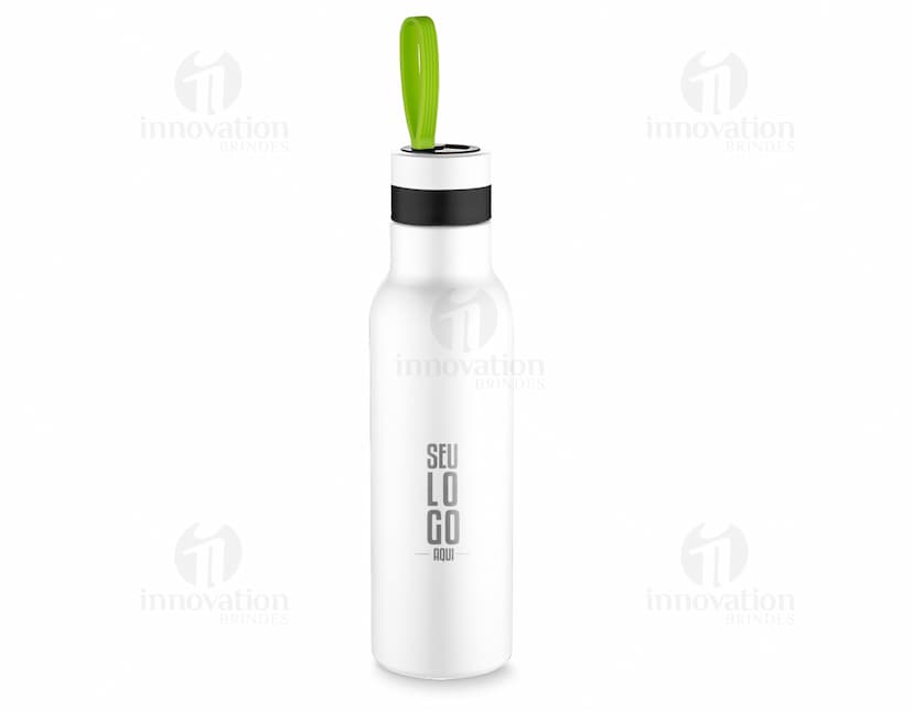 Garrafa térmica de aço inoxidável de 500ml com alça, ideal para armazenar líquidos.