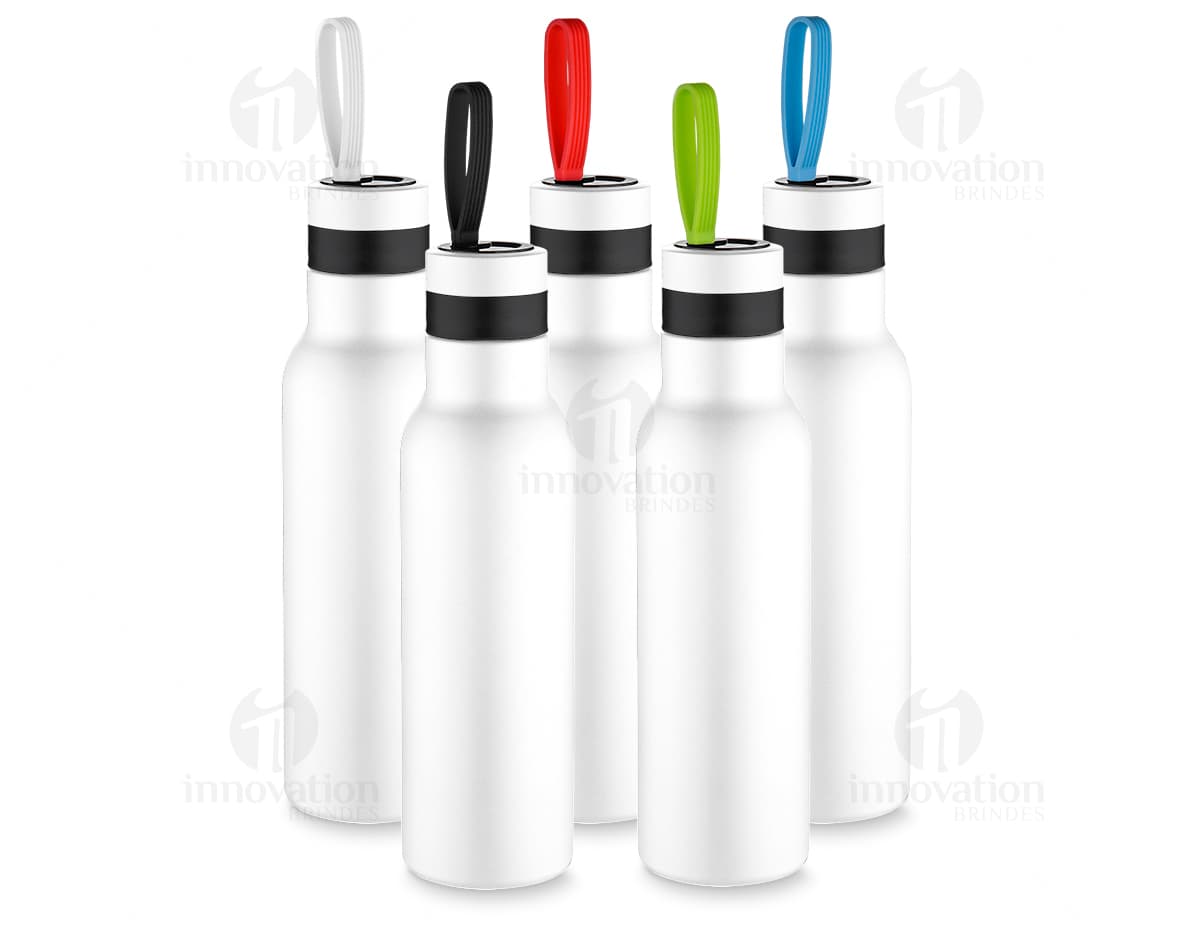 Garrafa térmica de aço inoxidável de 500ml com alça, ideal para armazenar líquidos.