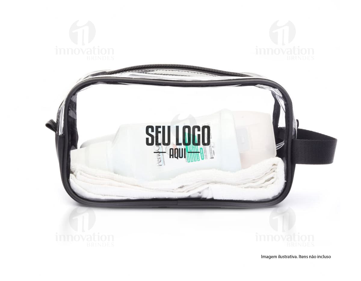 Necessaire preta feita de PVC com zíper, ideal para armazenar objetos como óculos de sol, dinheiro, medicamentos e outros itens de cuidados pessoais.