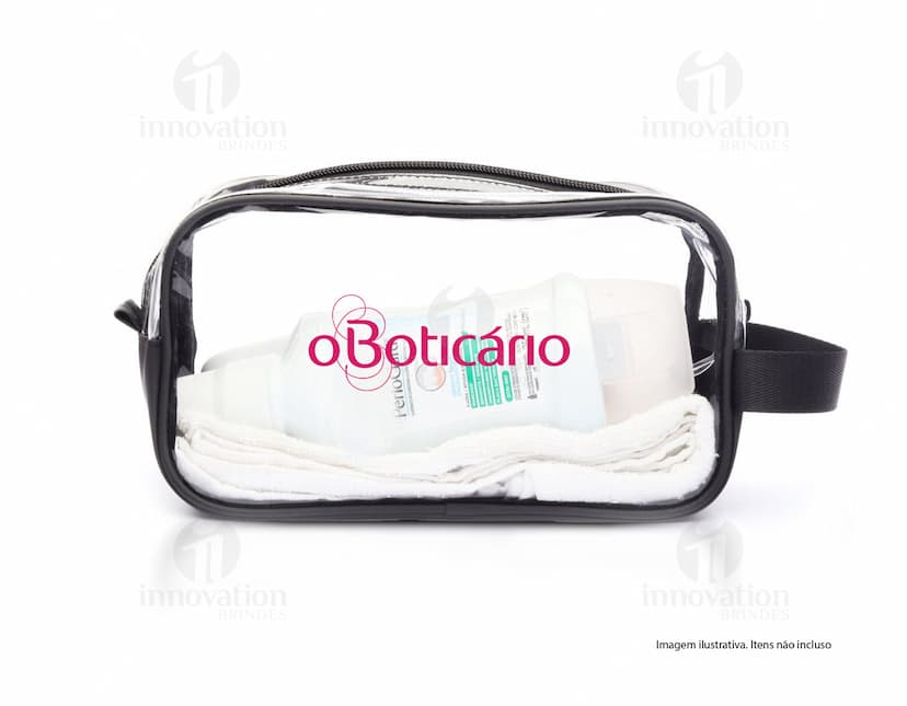 Necessaire preta feita de PVC com zíper, ideal para armazenar objetos como óculos de sol, dinheiro, medicamentos e outros itens de cuidados pessoais.