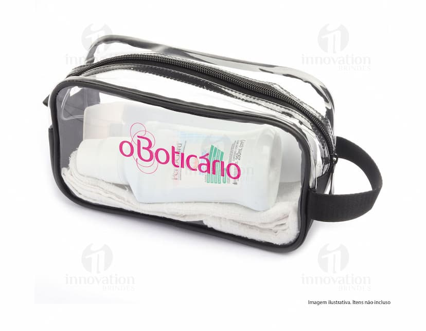 Necessaire preta feita de PVC com zíper, ideal para armazenar objetos como óculos de sol, dinheiro, medicamentos e outros itens de cuidados pessoais.