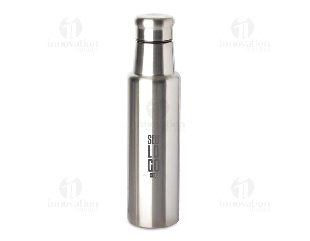 Garrafa de aço inoxidável de 1 litro contendo líquido. O recipiente possui um design limpo e elegante, feito de metal prateado e plástico. Não há ninguém na imagem, apenas a garrafa brilhante refletindo a luz. O produto é moderno e possui tampa, sendo ideal para armazenar bebidas ou produtos de higiene.