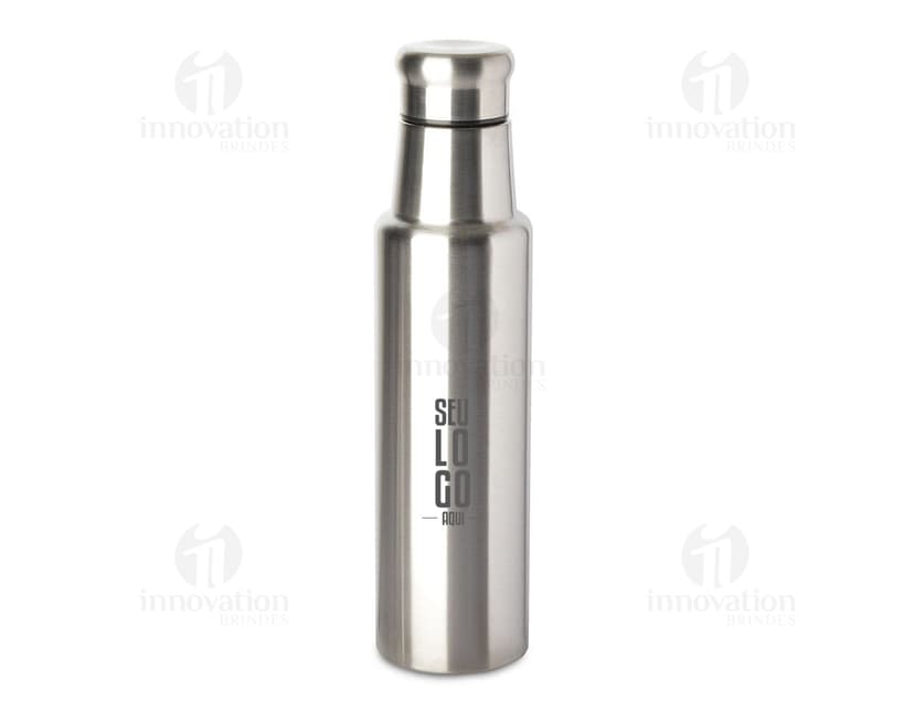 Garrafa de aço inoxidável de 1 litro contendo líquido. O recipiente possui um design limpo e elegante, feito de metal prateado e plástico. Não há ninguém na imagem, apenas a garrafa brilhante refletindo a luz. O produto é moderno e possui tampa, sendo ideal para armazenar bebidas ou produtos de higiene.