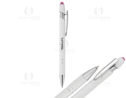 Bolígrafo metálico com touchscreen e clique em diversas cores, ideal para escrita e desenho em tablets e smartphones.