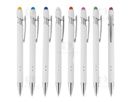 Bolígrafo metálico com touchscreen e clique em diversas cores, ideal para escrita e desenho em tablets e smartphones.