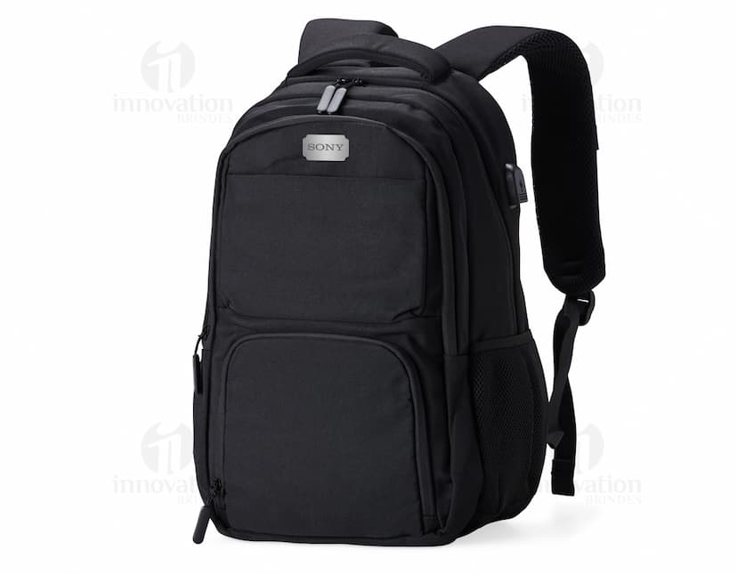 Mochila USB 30 Litros em cor preta, com compartimento para laptop e porta USB para carregamento de dispositivos eletrônicos.