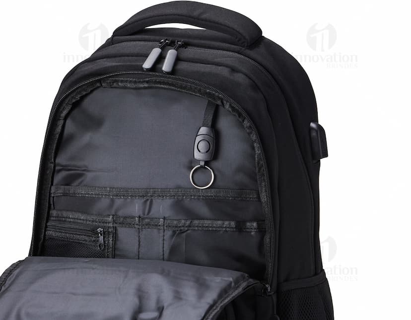 Mochila USB 30 Litros em cor preta, com compartimento para laptop e porta USB para carregamento de dispositivos eletrônicos.
