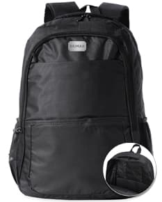 Mochila em nylon preta de 27 litros, ideal para viagens, trabalho e uso casual. Possui alça de mão, zíper, bolsos e compartimentos para armazenamento. Design moderno e elegante, adequado para homens de negócios e profissionais.