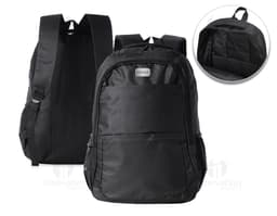 Mochila em nylon preta de 27 litros, ideal para viagens, trabalho e uso casual. Possui alça de mão, zíper, bolsos e