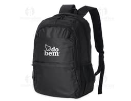 Mochila em nylon preta de 27 litros, ideal para viagens, trabalho e uso casual. Possui alça de mão, zíper, bolsos e