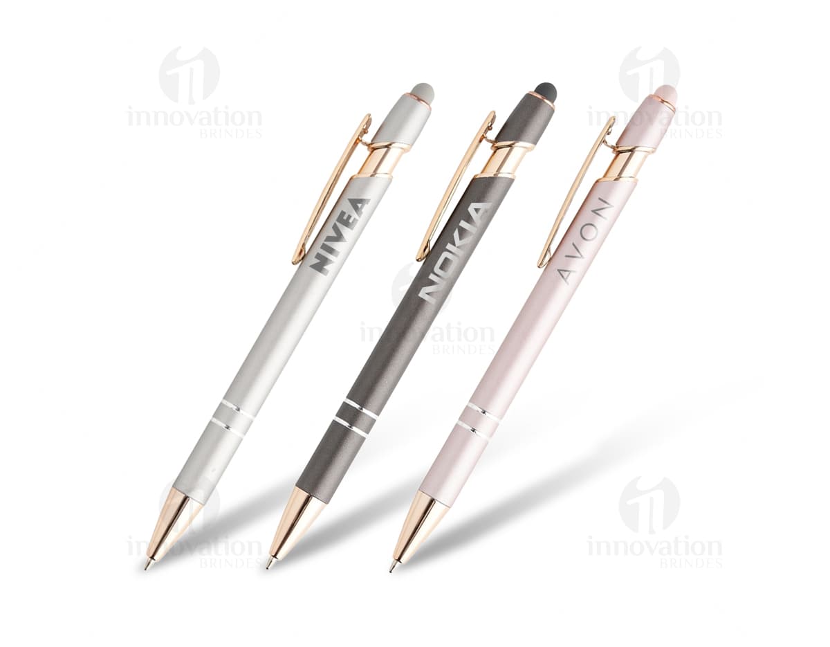 Caneta metal touch - Perfeita para escrita e uso de dispositivos touch screen, esta caneta elegante e sofisticada é a escolha ideal para escritório e negócios. Feita em metal de alta qualidade, oferece praticidade e estilo em um único produto. Garanta já a sua!