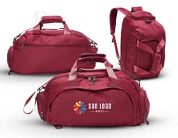 32-liter black sports bag made of leather with a zipper closure, adjustable straps, and a hand strap. It has a modern and