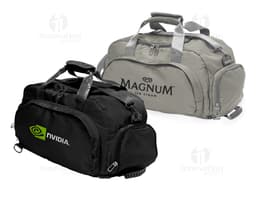 32-liter black sports bag made of leather with a zipper closure, adjustable straps, and a hand strap. It has a modern and