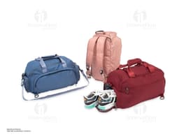 32-liter black sports bag made of leather with a zipper closure, adjustable straps, and a hand strap. It has a modern and