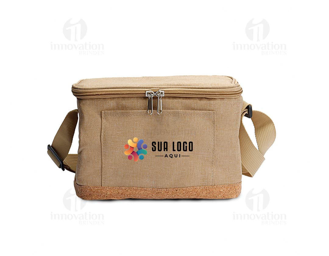 Bolsa térmica em poliéster e cortiça, moderna e elegante, ideal para transporte de alimentos e bebidas de forma prática e