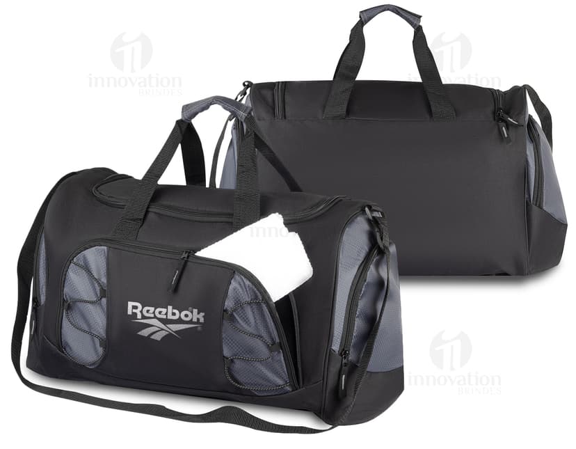 Mala esportiva de poliéster preta e rosa, moderna e elegante, com alça de mão e alça para o ombro, possui zipper, bolso frontal, ideal para viagens e prática esportiva.