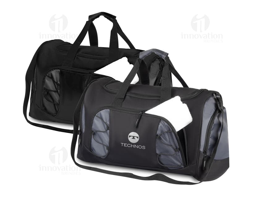 Mala esportiva de poliéster preta e rosa, moderna e elegante, com alça de mão e alça para o ombro, possui zipper, bolso frontal, ideal para viagens e prática esportiva.