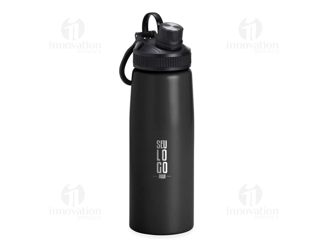 Botella de acero inoxidable de 900ml, vacía y limpia, con tapa de rosca. Objeto metálico y plateado, fresco y saludable
