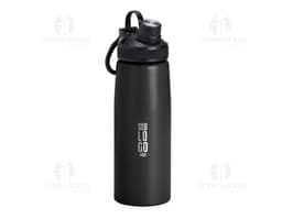 Botella de acero inoxidable de 900ml, vacía y limpia, con tapa de rosca. Objeto metálico y plateado, fresco y saludable