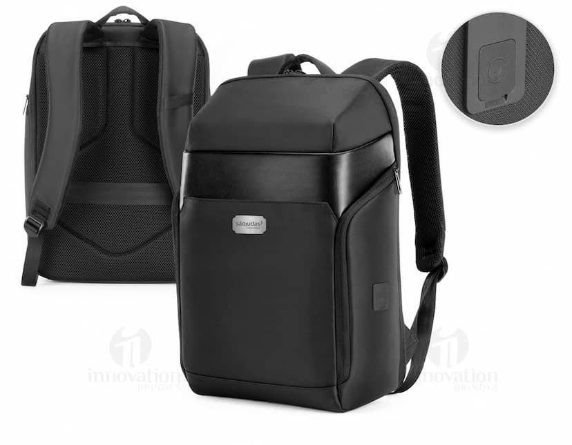 Imagem de uma mochila premium para viagens, com diversos compartimentos e design elegante. Ideal para armazenar dispositivos eletrônicos, como laptop, tablet e smartphone, de forma segura e organizada durante viagens de negócios ou lazer.