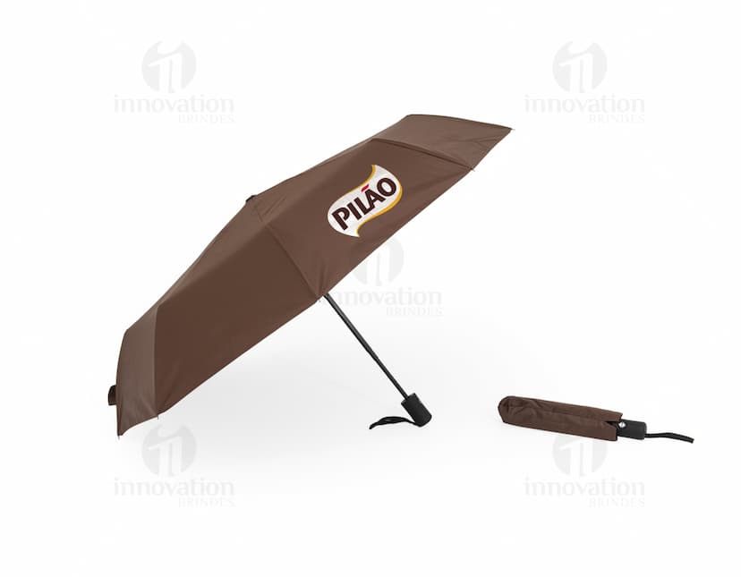Guarda-chuva automático com proteção UV, design moderno em preto, vazado em forma de dodo, modelo 3D com espaço para mensagem ou símbolo, ideal para proteção contra chuva e raios UV, equipamento de transporte seguro e eficaz em dias chuvosos.