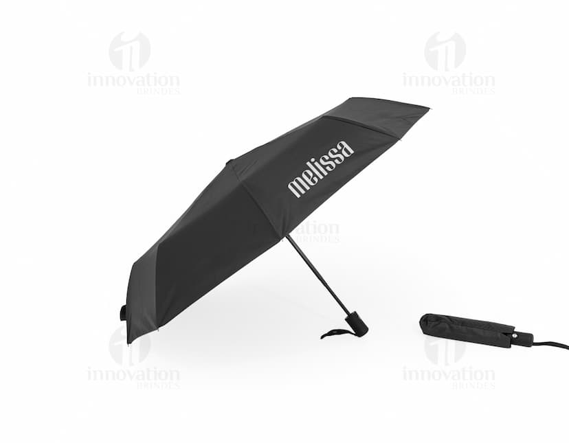 Guarda-chuva automático com proteção UV, design moderno em preto, vazado em forma de dodo, modelo 3D com espaço para mensagem ou símbolo, ideal para proteção contra chuva e raios UV, equipamento de transporte seguro e eficaz em dias chuvosos.