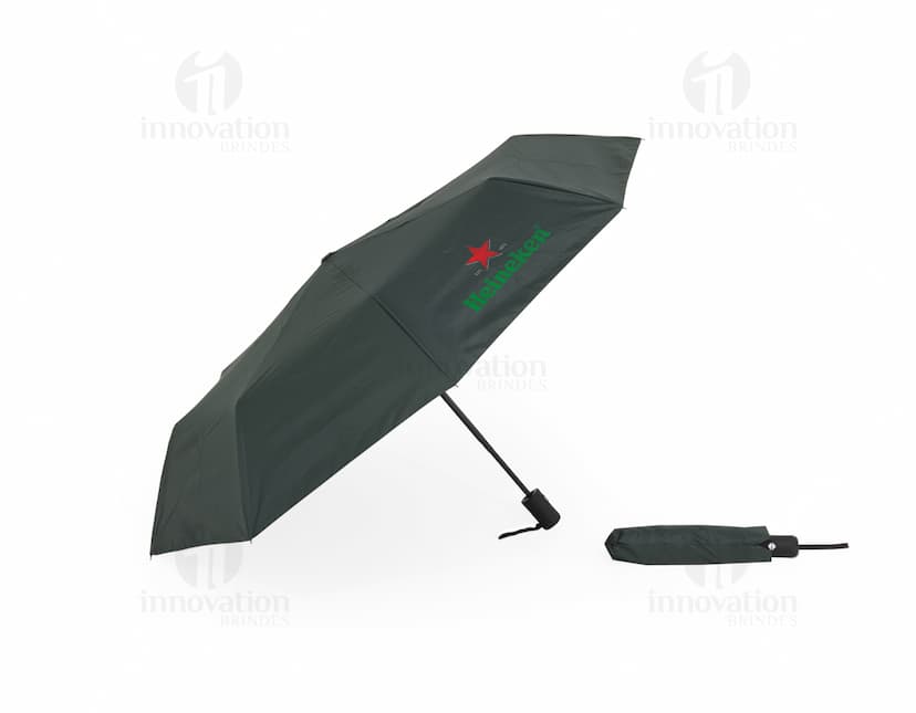 Guarda-chuva automático com proteção UV, design moderno em preto, vazado em forma de dodo, modelo 3D com espaço para mensagem ou símbolo, ideal para proteção contra chuva e raios UV, equipamento de transporte seguro e eficaz em dias chuvosos.