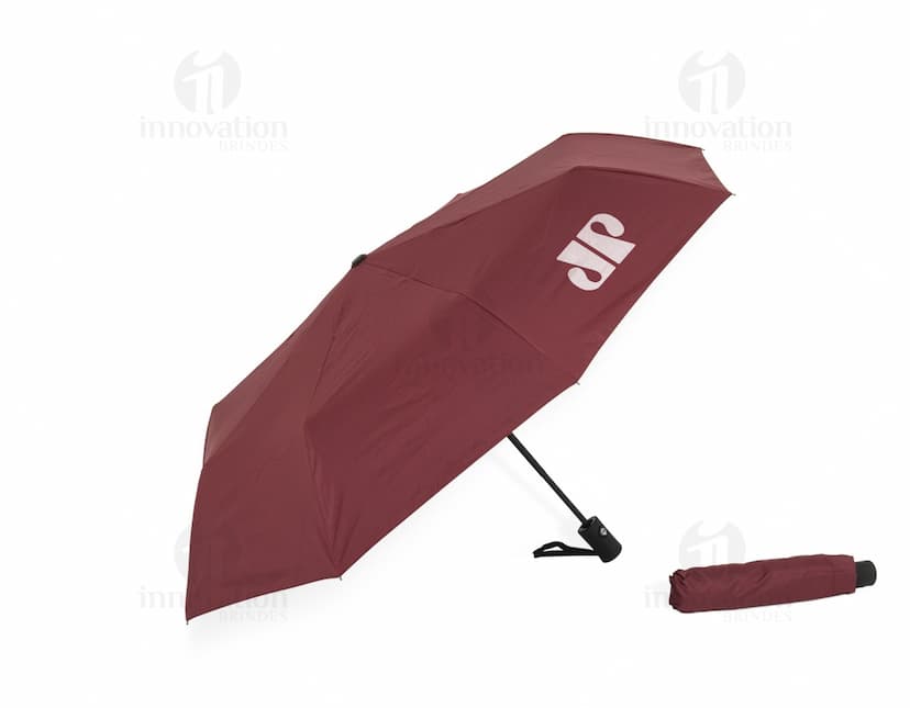 Guarda-chuva automático com proteção UV, design moderno em preto, vazado em forma de dodo, modelo 3D com espaço para mensagem ou símbolo, ideal para proteção contra chuva e raios UV, equipamento de transporte seguro e eficaz em dias chuvosos.