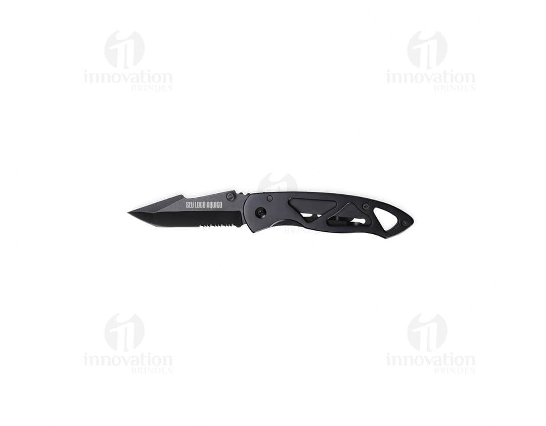 Canivete Metálico em metal prateado e preto, estilo moderno e design compacto. Ideal para uso em escritório, casa ou