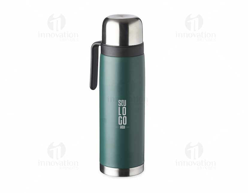 Garrafa térmica de inox de 1 litro, prata, com tampa, design clean e reflexo brilhante.