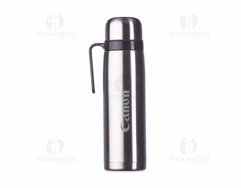 Garrafa térmica de inox de 1 litro, prata, com tampa, design clean e reflexo brilhante.