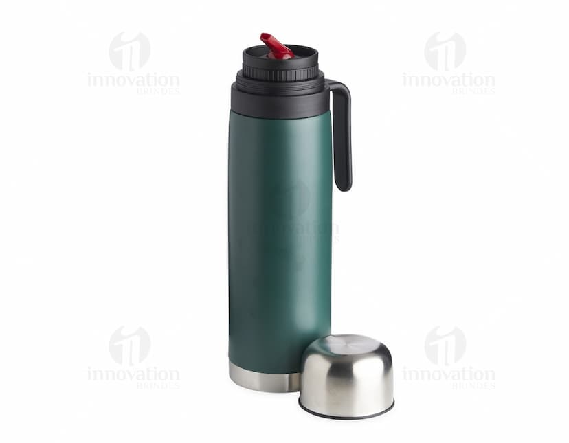 Garrafa térmica de inox de 1 litro, prata, com tampa, design clean e reflexo brilhante.